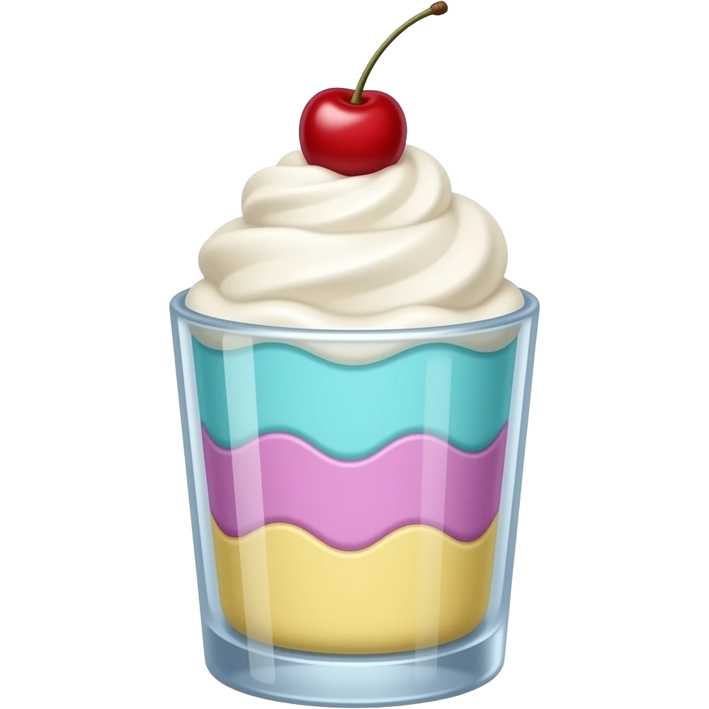 sundae dans un verre transparent, multicolore pastel, couleurs turquoise mauve rose jaune, sans cerise, étagé emoji