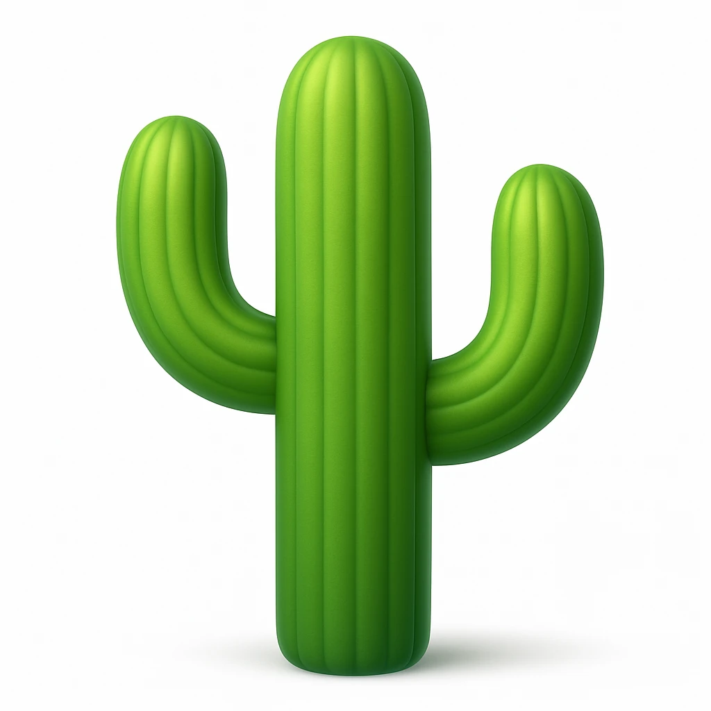 Make the cactus emoji wider than the previous version. Keep everything else the same: iOS emoji style, 3D, shiny, smooth gradients, soft shadows, realistic cactus shape, classic emoji look. Add a soft shadow under the cactus. emoji