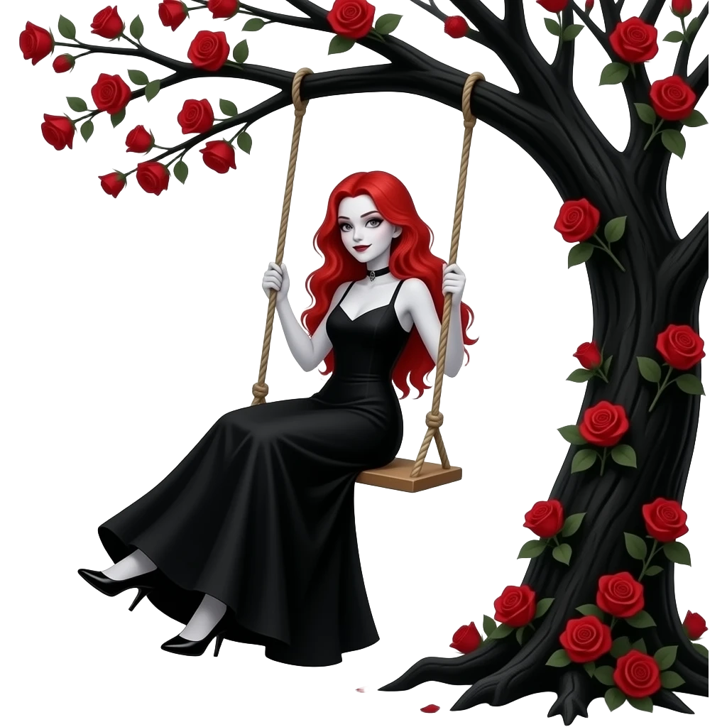 Vampiro femmina ADOLESCENTE con pelle bianca e capelli rossi lunghi ondulati che indossa un vestito lungo nero che dondola su un altalena sopra un albero nero con le rose rosse emoji