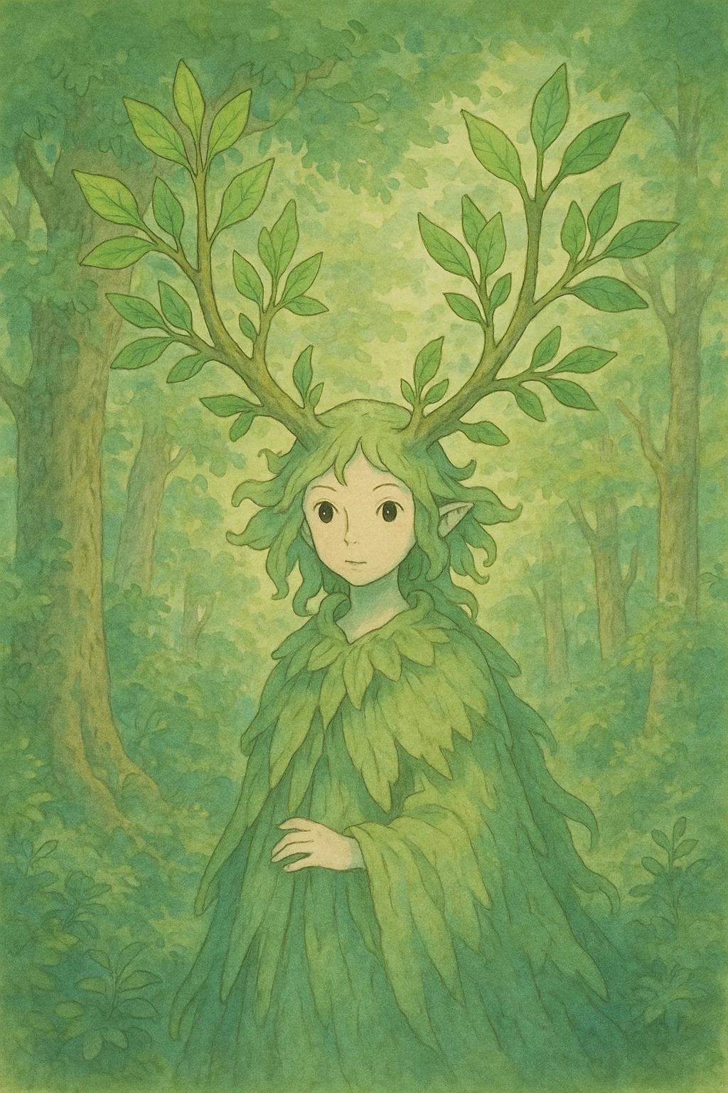 a whimsical forest spirit with leafy antlers, ghibli style, detailed, enchanting, soft colors emoji