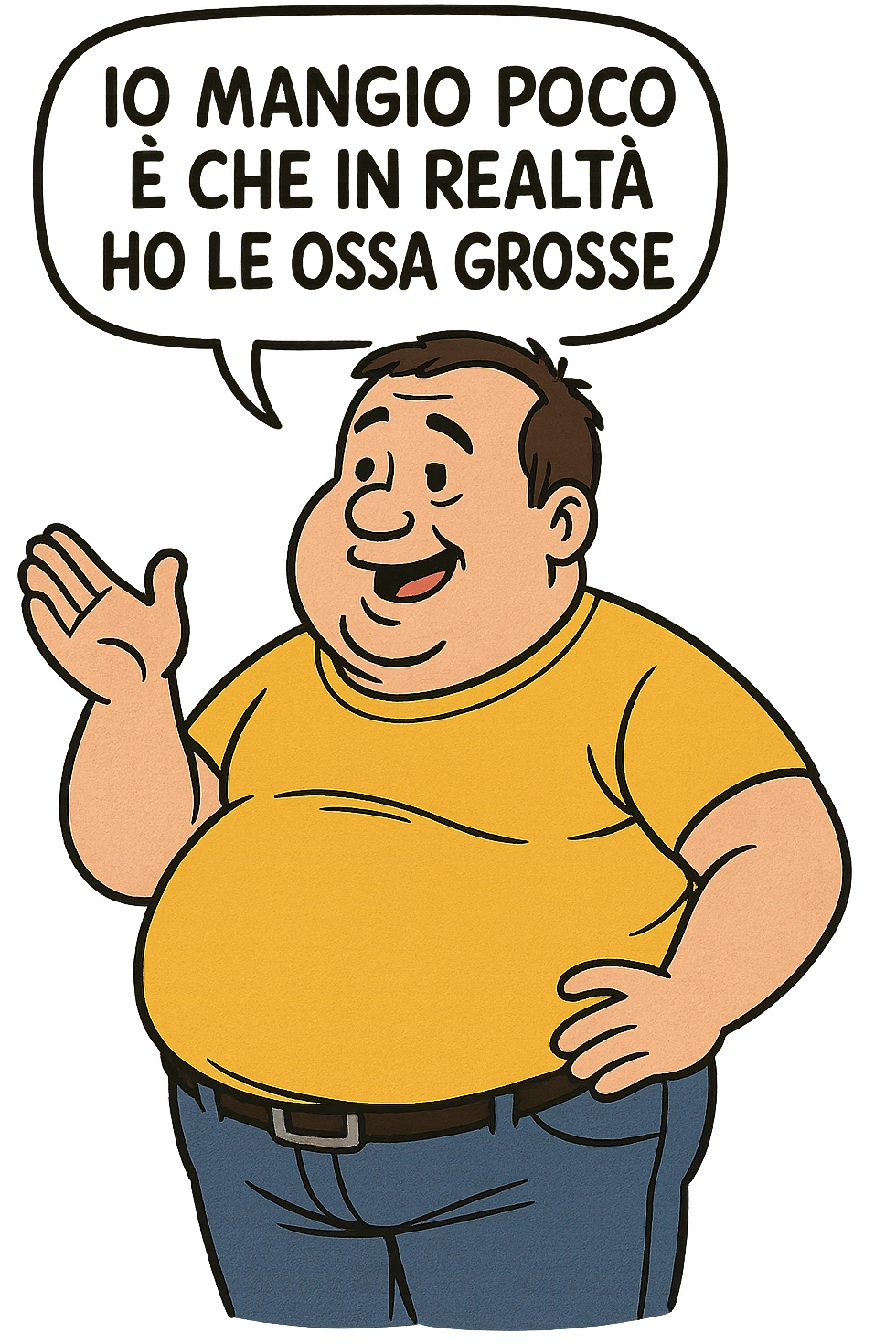 uomo che dice "Io mangio poco è che in realtà ho le ossa grosse" , trovando scuse per il suo peso corporeo emoji