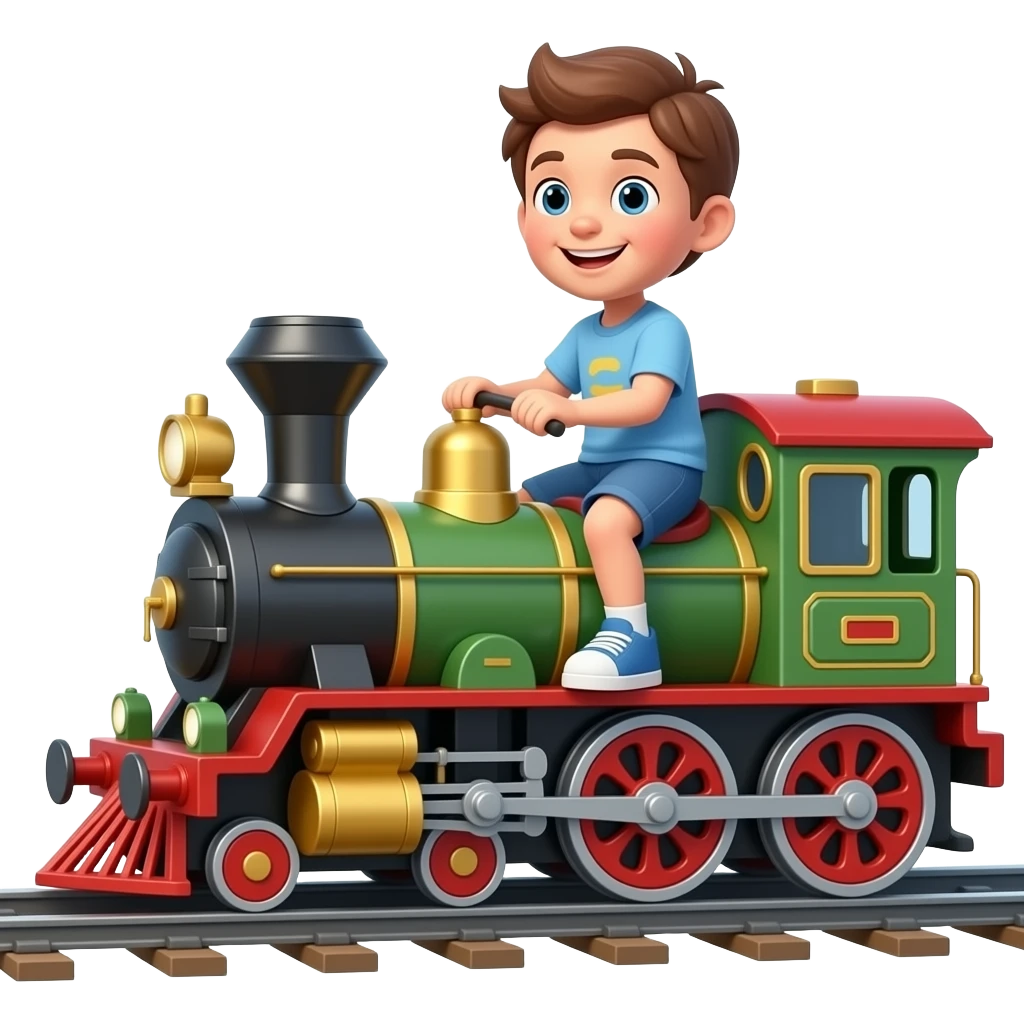 A kid riding on a full sized toy train on the track emoji