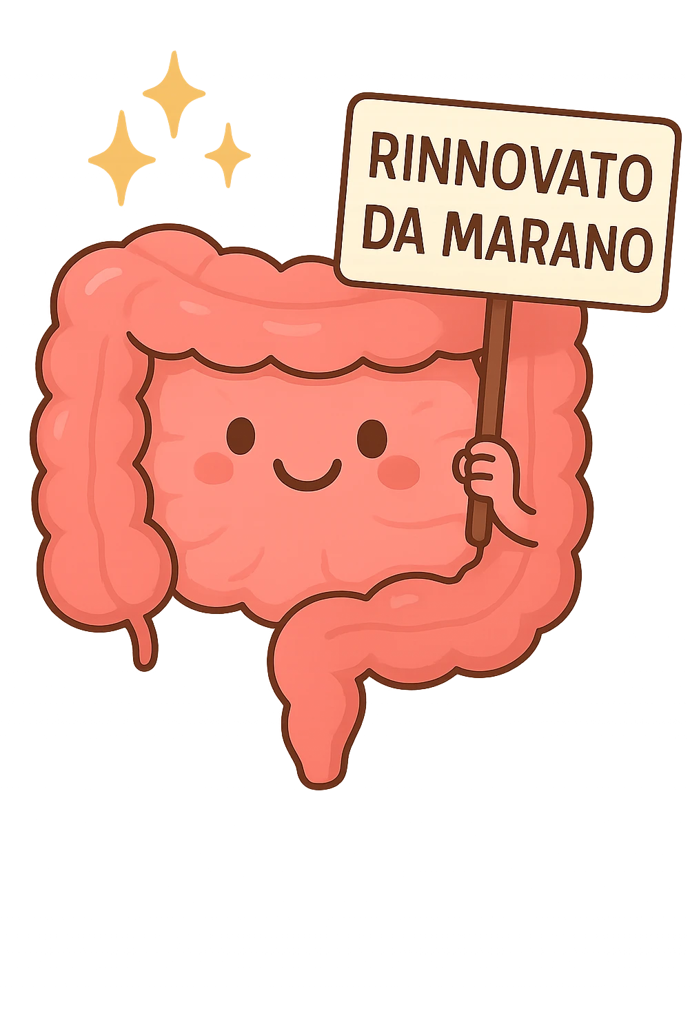fammi un intestino identico a questo, ma felice e con le scintille di splendore dorate sopra, si sta rinnovando come se fosse in ottima salute, in mano ha un cartello con la scritta "RINNOVATO DA MARANO" emoji