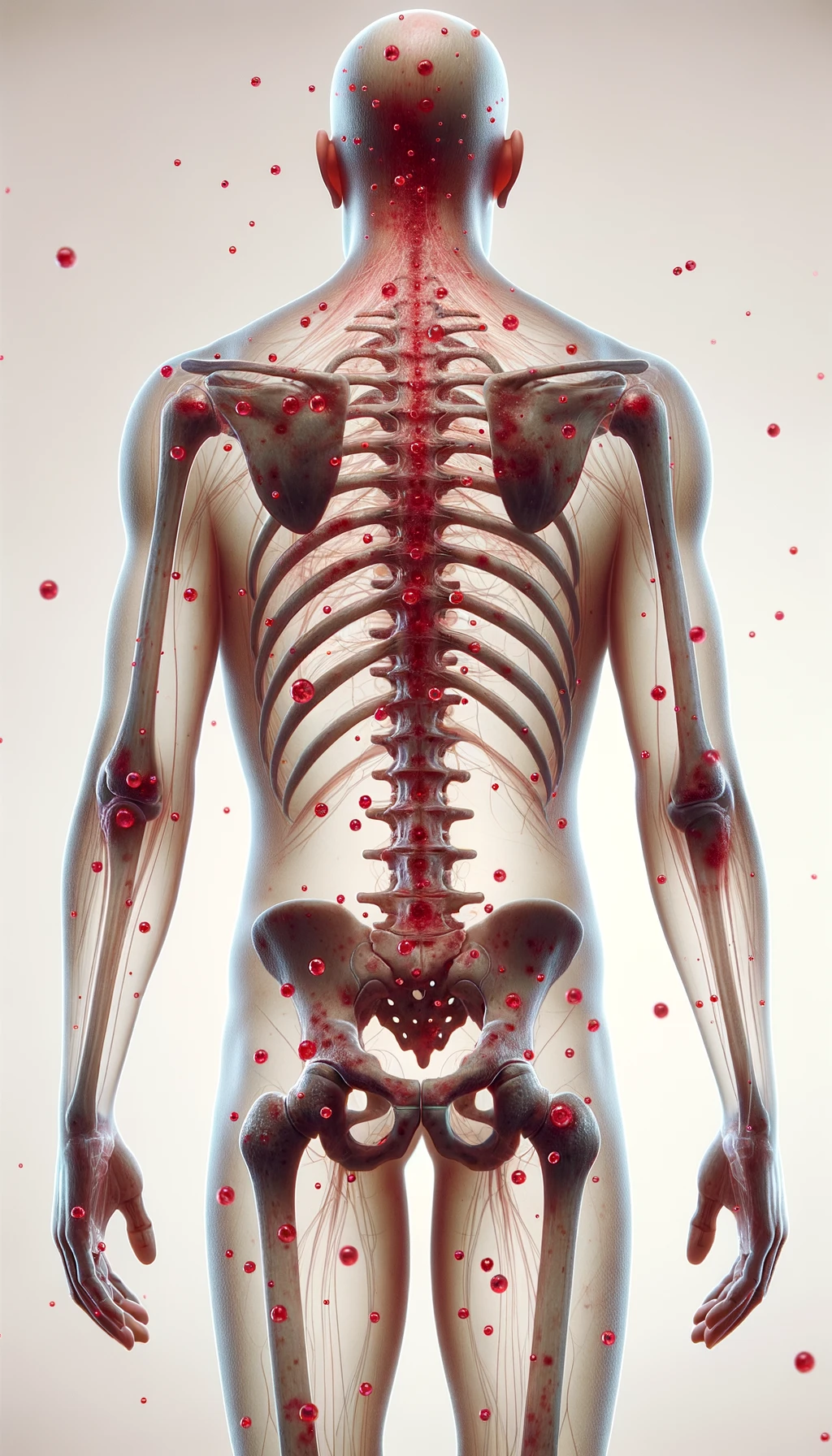 CORPO UMANO ANATOMICO CON RED SPOT DI INFIAMMAZIONE SPARSI SUL CORPO, SFONDO CHIARO, iperrealistico 4k emoji