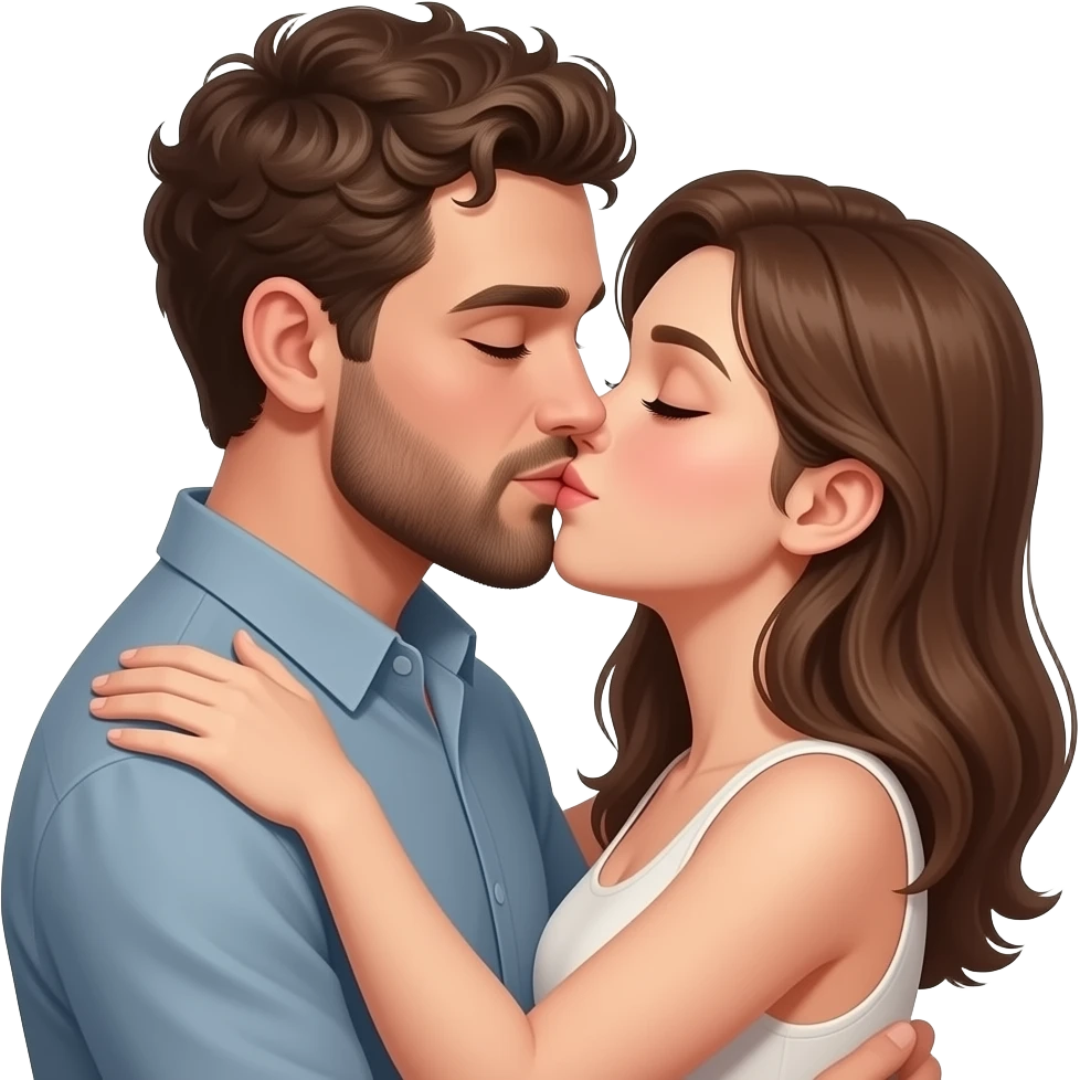 Realistic white skin man super short curly brown hair with beard kissing passionately and hugging realistic white girl brown hair emoji