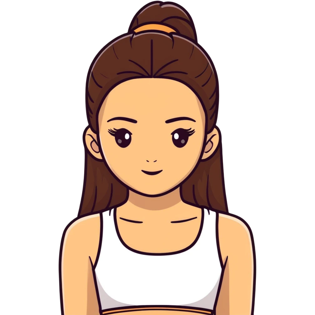 beautiful girl, long straight brown hair, brown eyes with lashes, wearing a white crop top, tan skin emoji