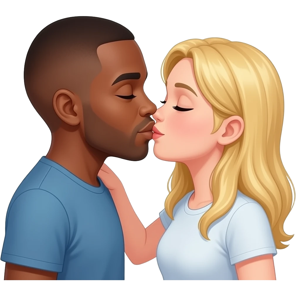 Black man with shaved head kissing blonde girlfriend in the park emoji