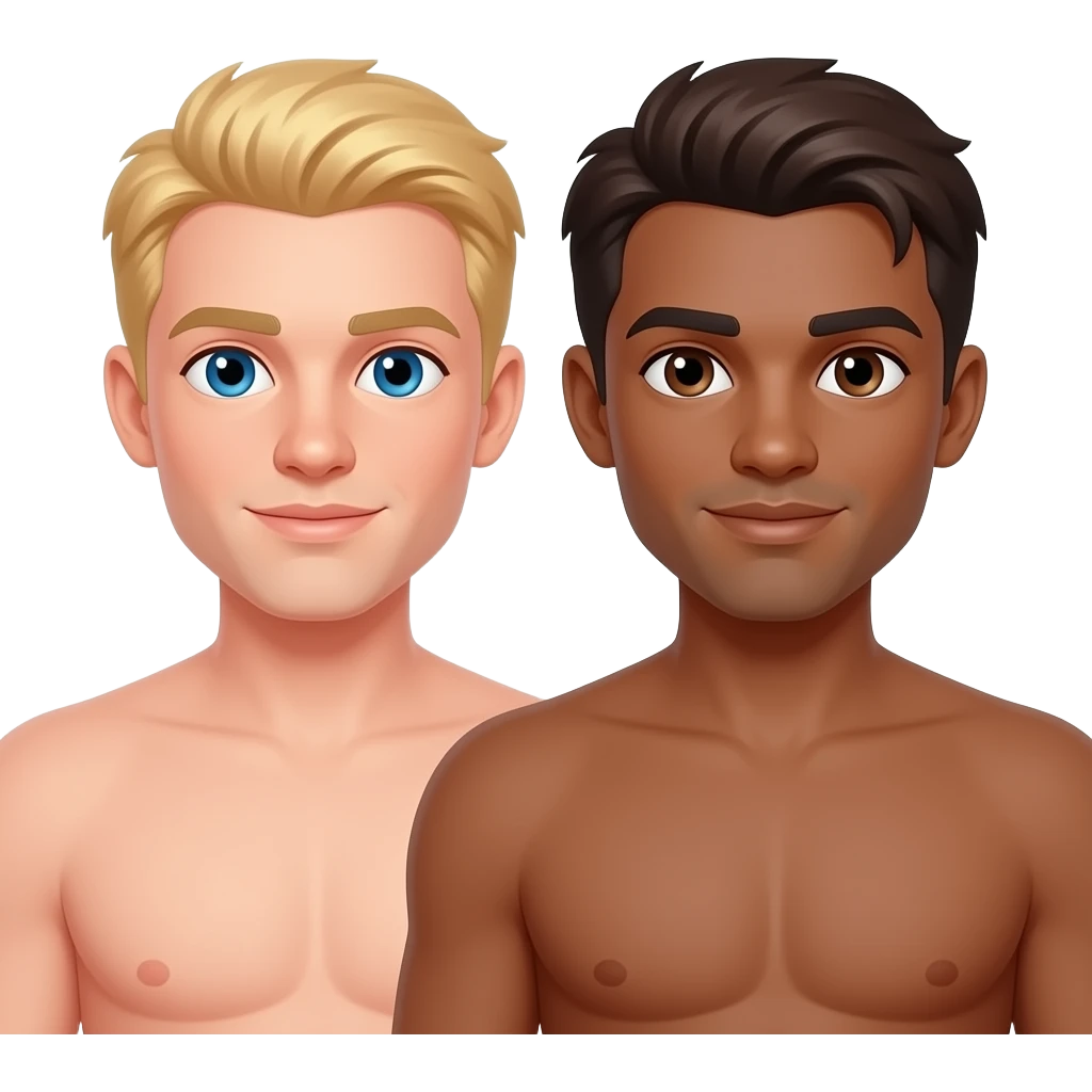 Make a gay couple on a Date , one has light Skin with Blond Hair and Blue Eyes, the other one has slightly brown skin witz dark Brown Hair and Brown Eyes. They are naked. emoji