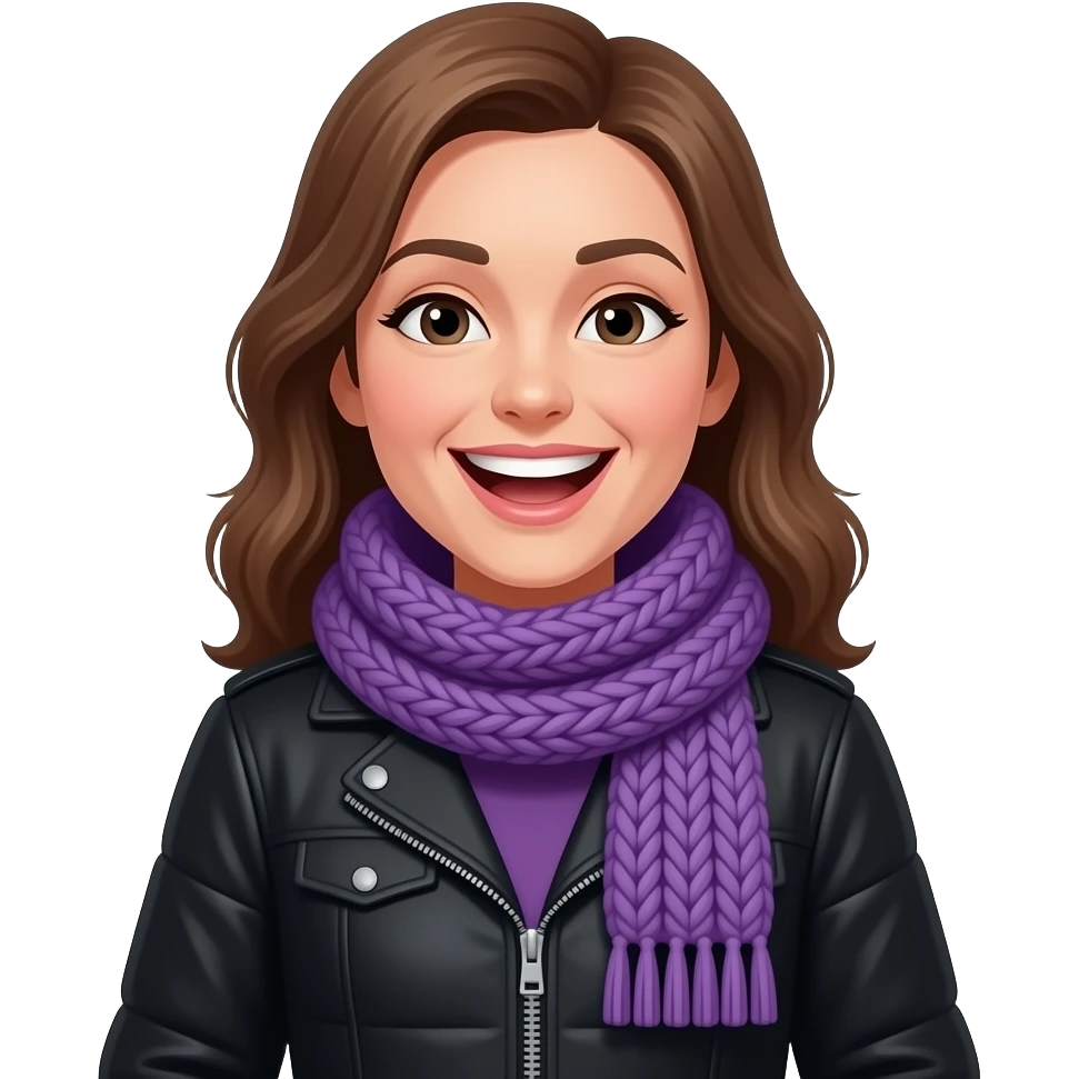 english winter woman with big purple knit scarves on neck black jacket laughing emoji