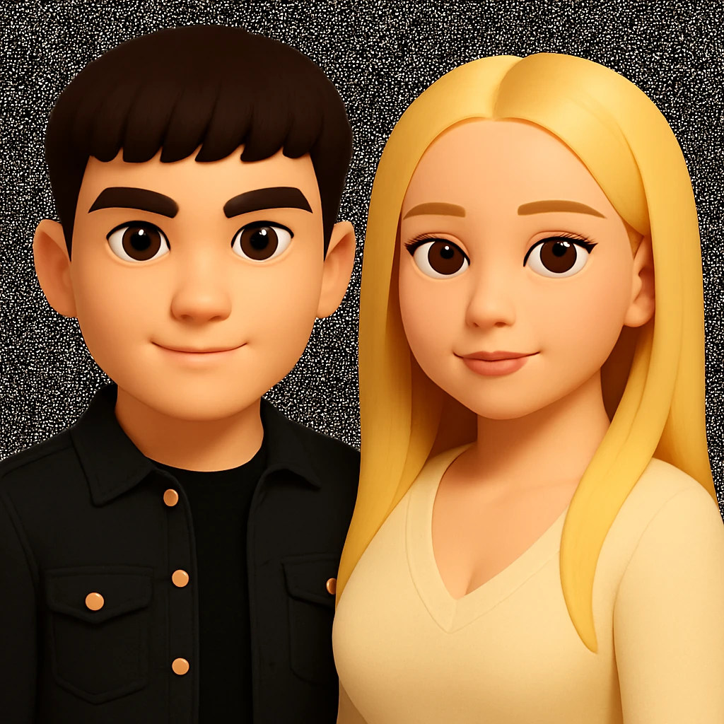 Slightly increase the volume of the upper body of the girl, slightly turn her to face forward, and make the skin color uniform. Maintain the cartoonish 3D style as in the reference image. emoji