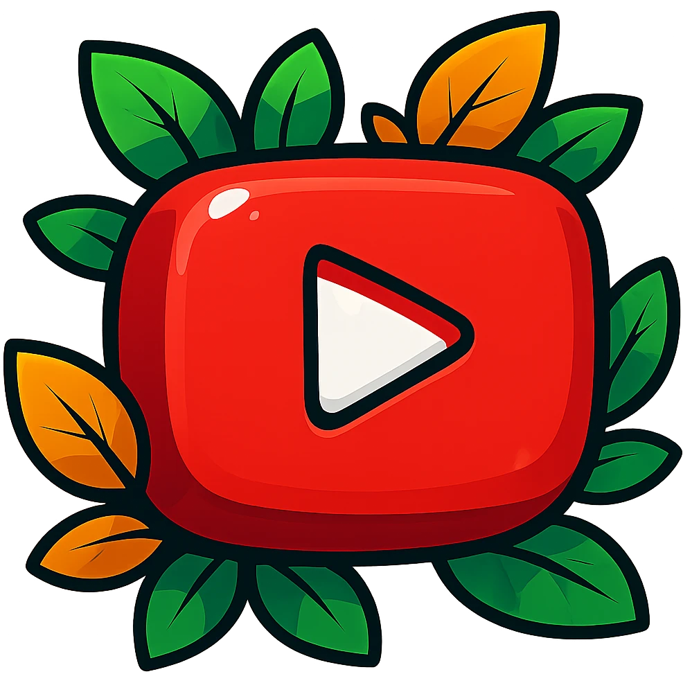 Super chunky, soft YouTube logo in vibrant toon style with thick outline, dramatic solid shadows, shiny graphic highlights, surrounded by vivid leaves, no background. Focus on contours, shadows, and glossy effects, matching the reference style, but keep everything flat and illustrated, not realistic. emoji