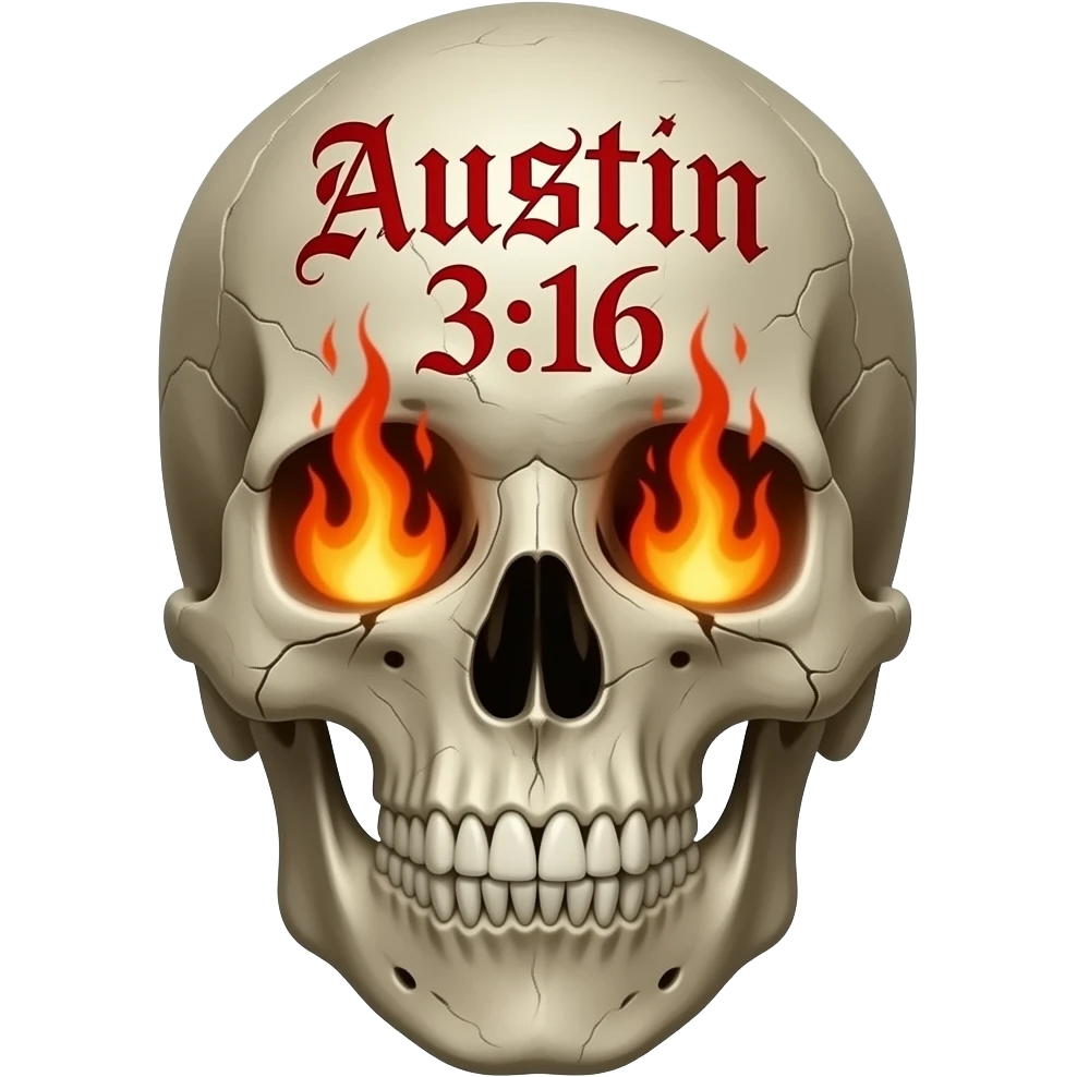 human skull with jaw, no teeth broken, the words Austin 3:16 in black ink, eye socket, and nose cavity need flames, words carved into its forehead in a Gothic font, show cracks, weathering, pieces missing, true flames come out of sockets, all fonts need to be bright red and stacked, embossed emoji