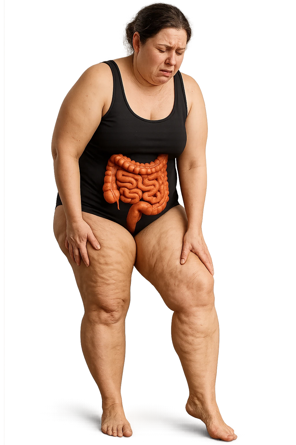 DONNA REALISTICA A FIGURA INTERA CON CELLULITE E GAMBE PESANTI E DOLORANTI, INTESTINO ANATOMICO IN EVIDENZA, CELLULITE VISIBILE, SI TOCCA LA GAMBA CON ESPRESSIONE DI FASTIDIO IN VOLTO, IPERREALISTICA 4K emoji