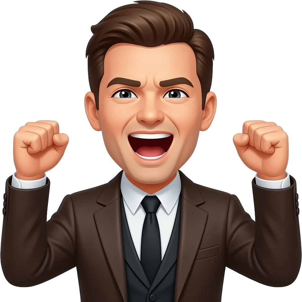 The figure with the right ear folded back, mouth open, arms raised, and shouting “Fighting!” ,Coat color: dark brown, black, and white emoji