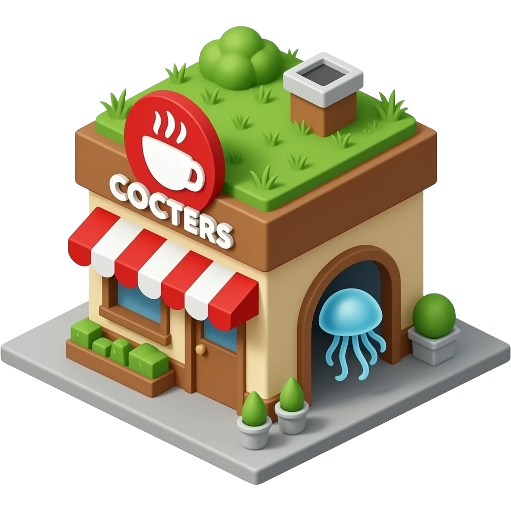 A small coffee shop named scooters with a roof with grass growing on it. The logo is red, the building walls are tan and brown. A jellyfish is in the drive-through.  emoji