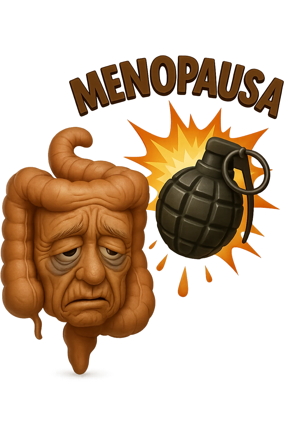 EMOJI STILE IPHONE 3D DI INTESTINO ANZIANO CON RUGHE SFINITO CON ESPRESSIONE STANCA, ACCANTO A LUI SCOPPIA UNA GRANATA 3D CON LA SCRITTA "MENOPAUSA" SOPRA emoji