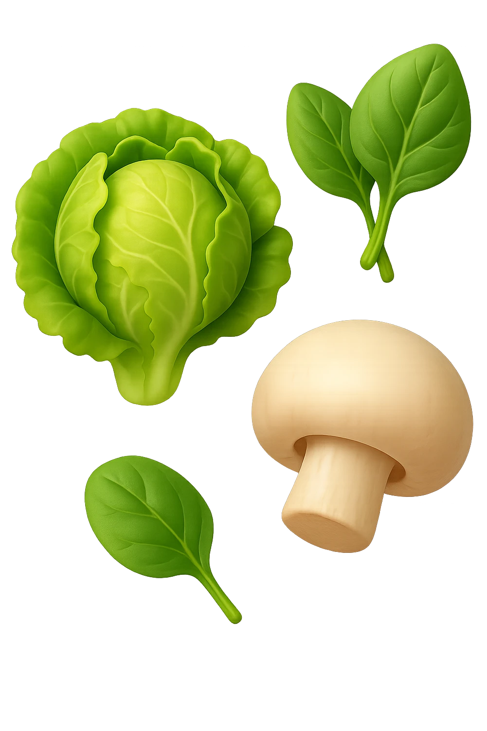 emoji stile iphone 3d di lattuga, spinaci, funghi che fluttuano in aria, iperealistico 4k emoji