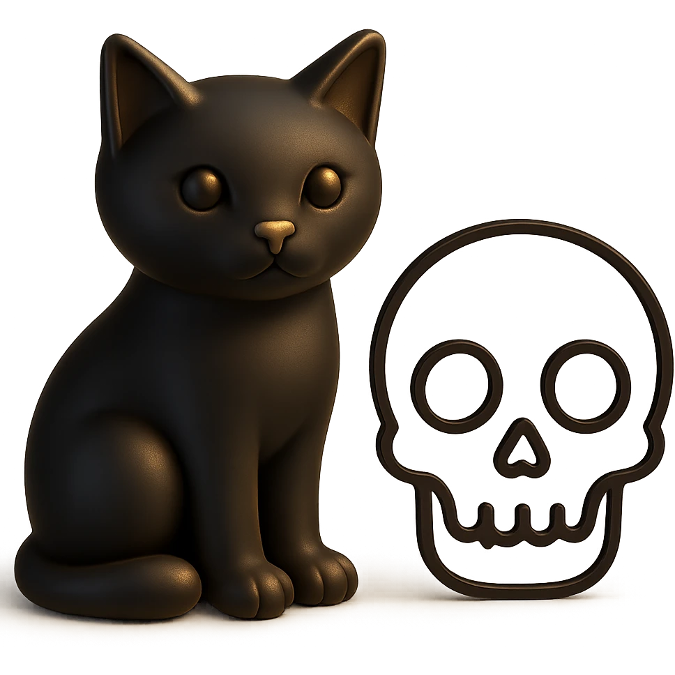 Transform the black cat into a 3D style with detailed shading and depth. Keep the skull in a clean outline style with no fill and no background, preserving its simplicity and clarity. emoji