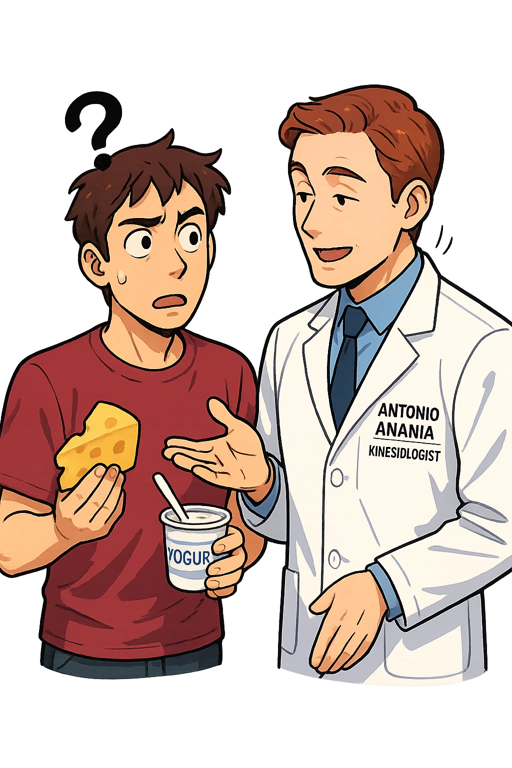 fai un webtoon manga a colori con questo stile, in cui un uomo fa una domanda al kinesiologo con il camice bianco (fagli anche la scritta "ANTONIO ANANIA" SUL CAMICE, l'uomo chiede una cosa mostrando un formaggio e uno yogurt al kinesiologo con il camice, IL KINESIOLOGO annuisce e SPIEGA ALL'UOMO UNA cos. L'UOMO ha un ESPRESSIONE CONFUSA IN VOLTO. non fare i fumetti però, fai solo in modo che sembri stiano parlando emoji