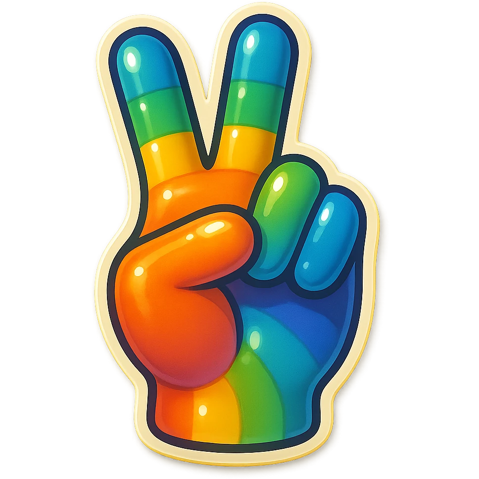 a peace sign hand gesture with rainbow colors, retro sticker style emoji
