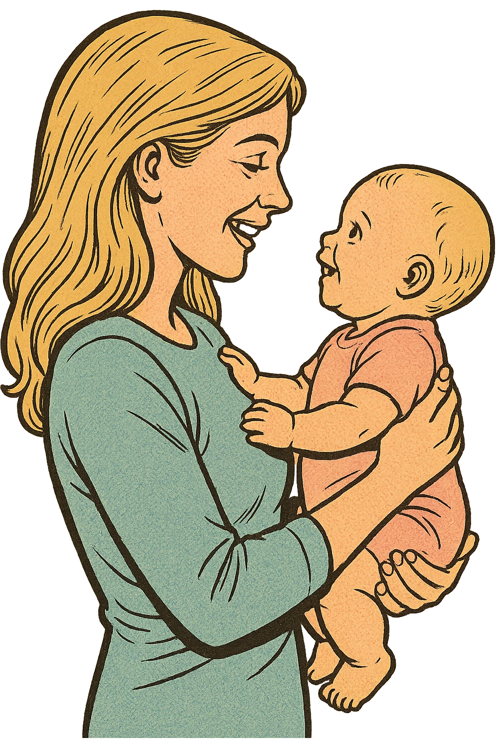 adult woman with long blonde hair holding a baby in her arms, they look at each other and smile, side view, old school comic book style, thin clean contours, soft rounded shapes, pastel palette, detailed shadows and highlights, soft lighting emoji