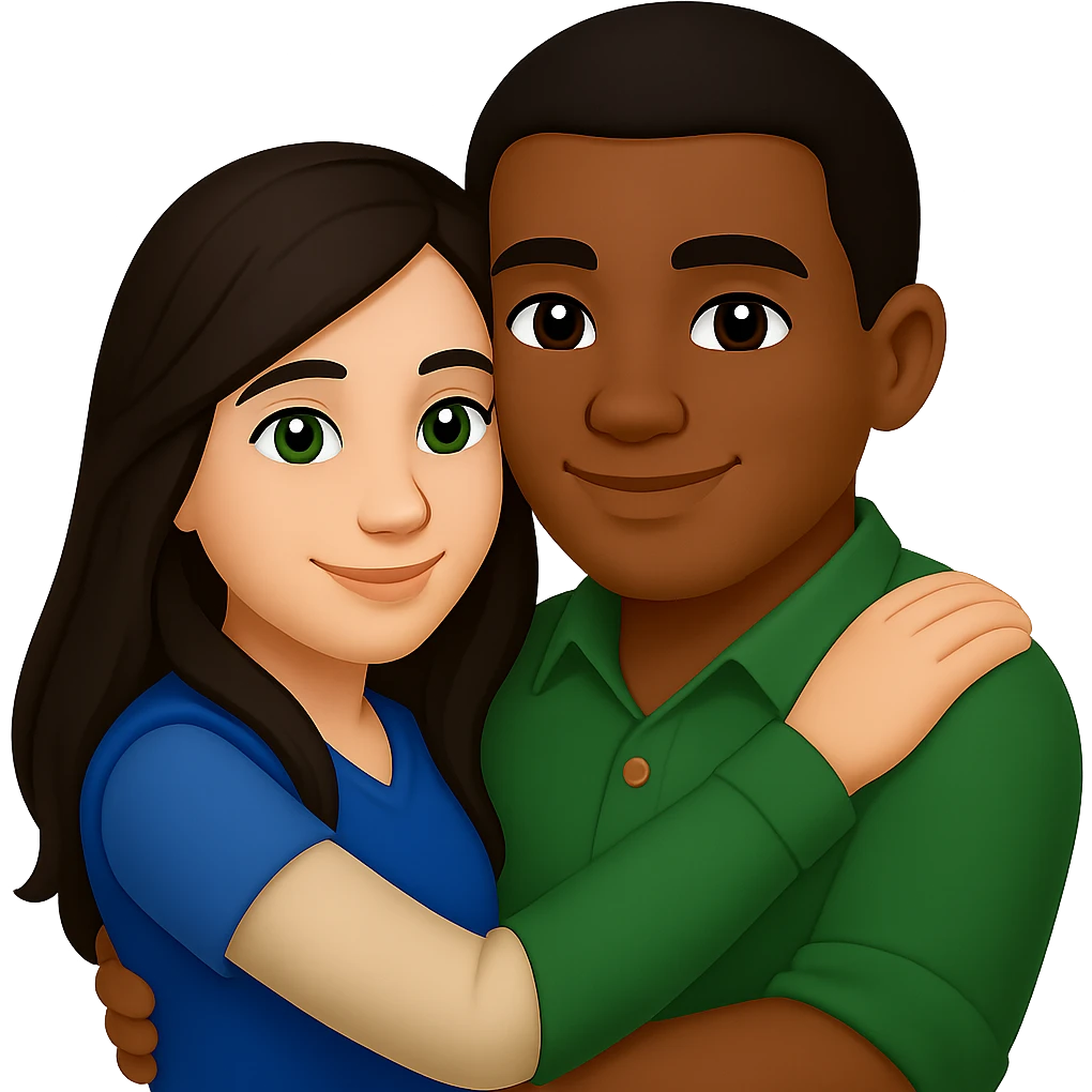 Edit the image in apple emoji style with no background. Change the man to have a darker skin tone, short hair, and brown eyes. Keep the woman with long dark hair and green eyes. Depict a young Métis man and young white woman hugging, love theme. emoji