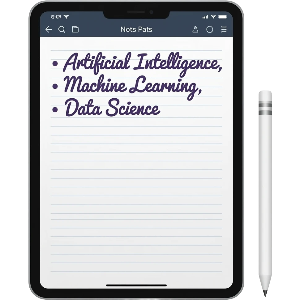 new ipad with cute notes app open and Artificial Intelligence, Machine Learning, Data Science written on it as heading on top left bullet points make sure its rectangle in shape and has a ipencil beside it and has cursive handwriting written in dark purple colour emoji