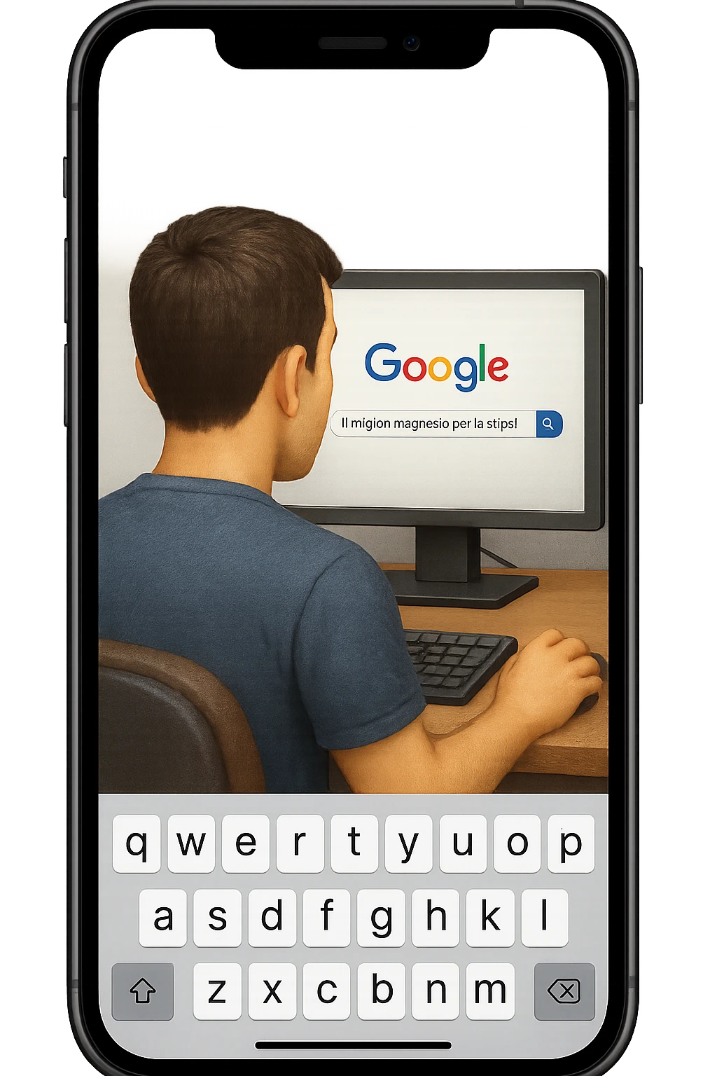emoji stile iphone di un uomo davanti al pc che cerca di google: "Il miglior magnesio per la stipsi", iperrealistico 4k emoji