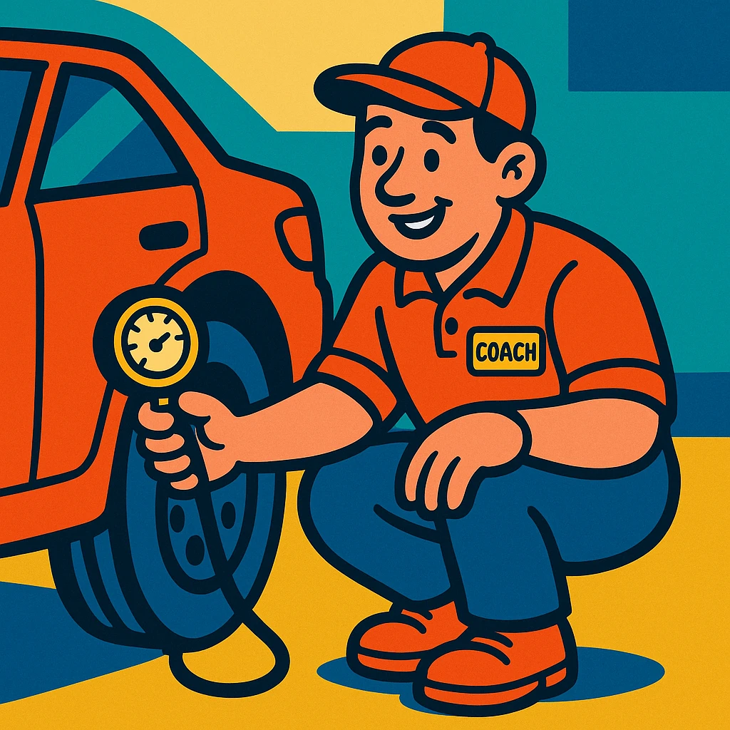 friendly automotive coach crouching near wheel, checking tire pressure with gauge, safety and conviviality atmosphere emoji