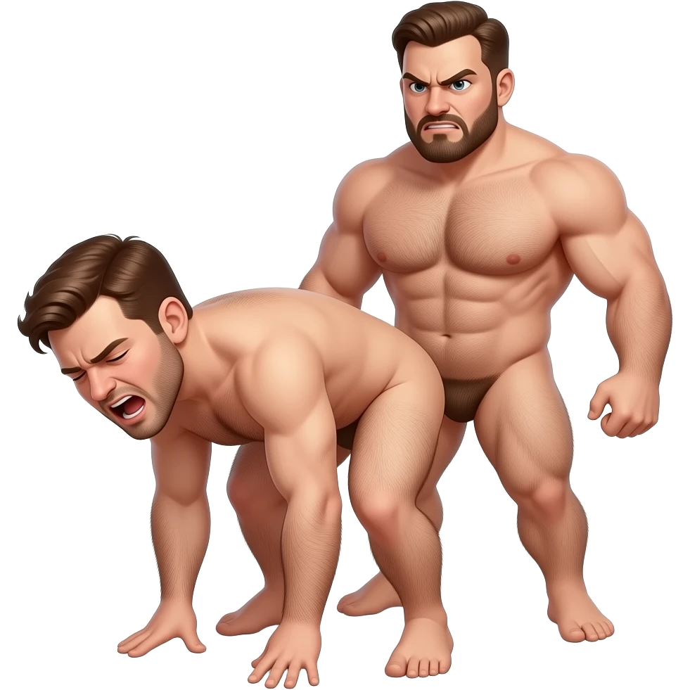 Naked hairy moaning man bending over, a stronger naked hairy angry man standing behind him emoji
