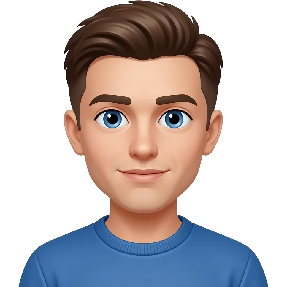 BW - young man, blue eyes, early 20s, light brown skin fade floppy very short on top hair, blue jumper emoji