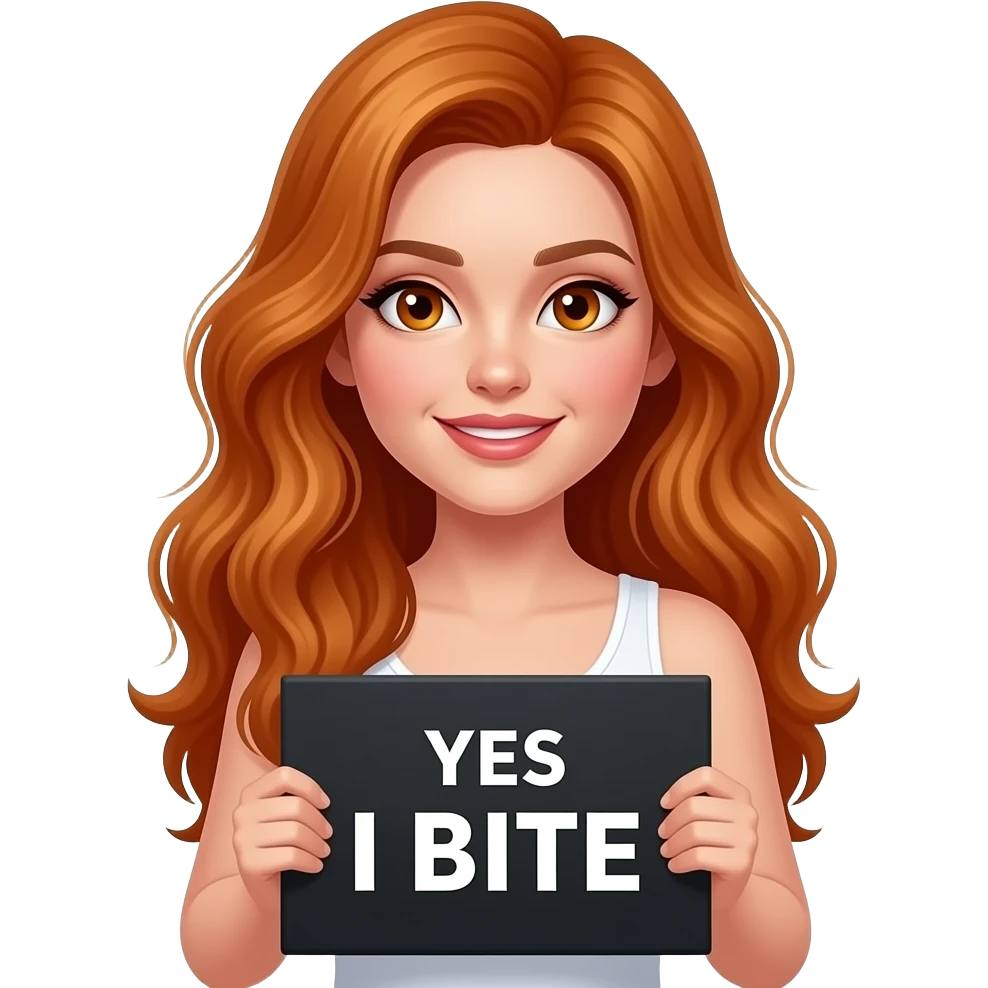 sexy girl with long wavy ginger hair and ginger eyes wearing a white tanktop is holding a black colored sign with YES I BITE written on it emoji