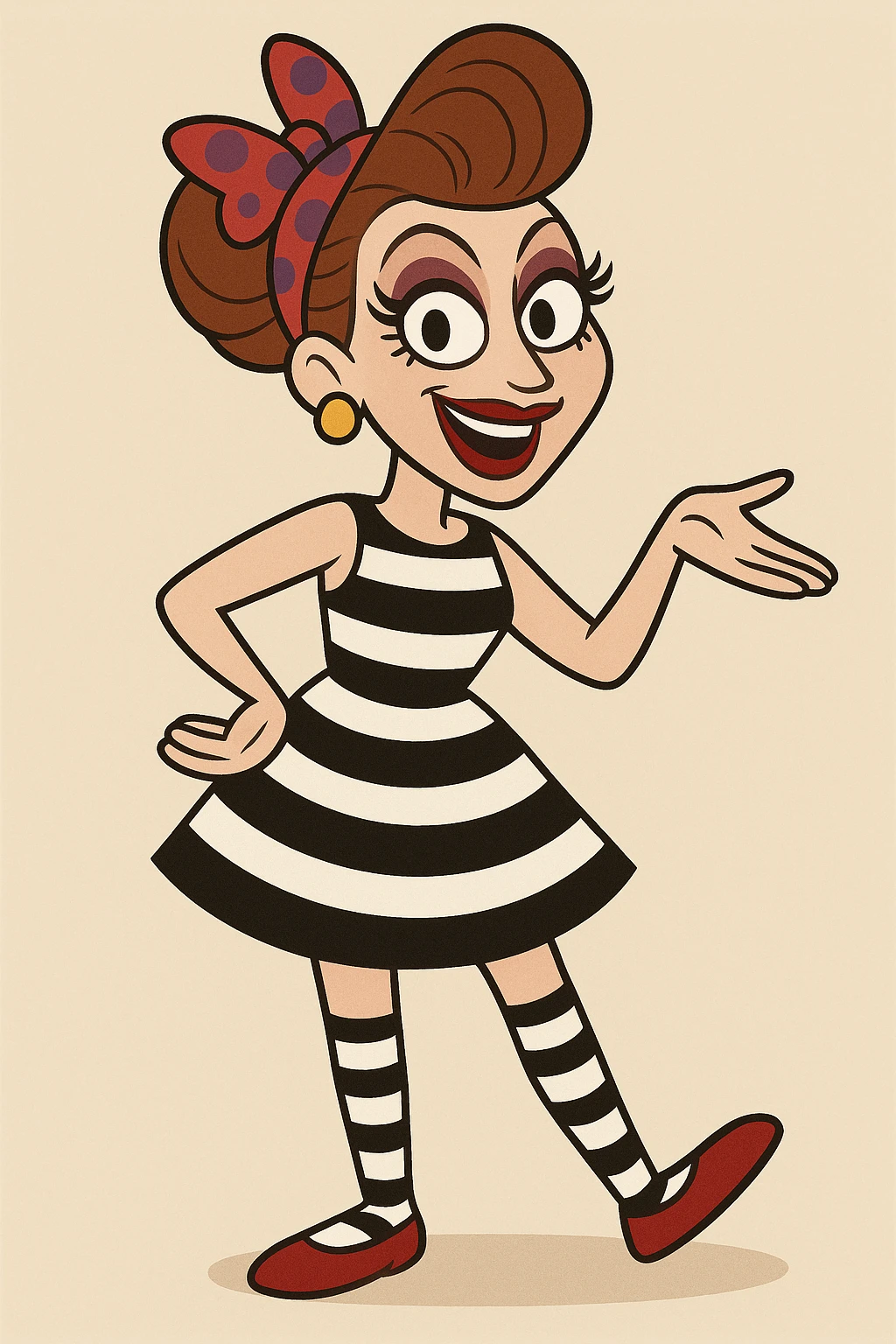 Bianca Del Rio red and purple spots hair ribbon colour dress black and white stripes socks red shoes  emoji