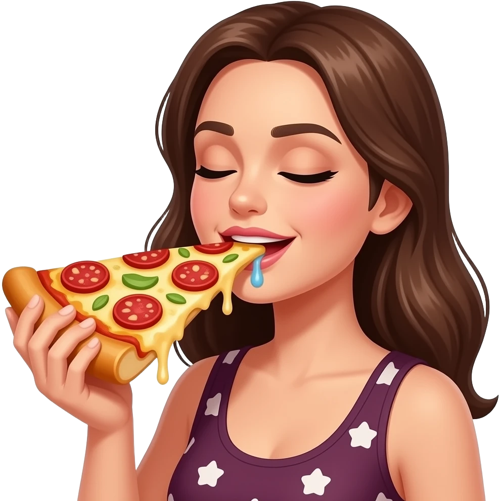 woman drooling while eating an extremely large piece of pizza. her eyes are closed. emoji