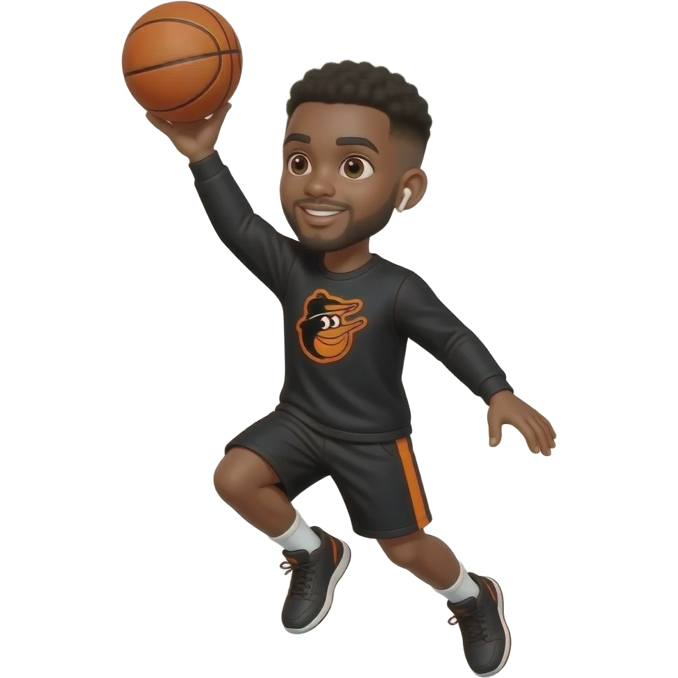 make a cute 22 year old man who’s skin color is black with a black low taper fade in black long sleeve with orioles in orange with the same for the shorts but on the side, the long sleeve should say orioles in the middle with white airpods in his ears and he is doing a fade away jumper with the 🏀 emoji