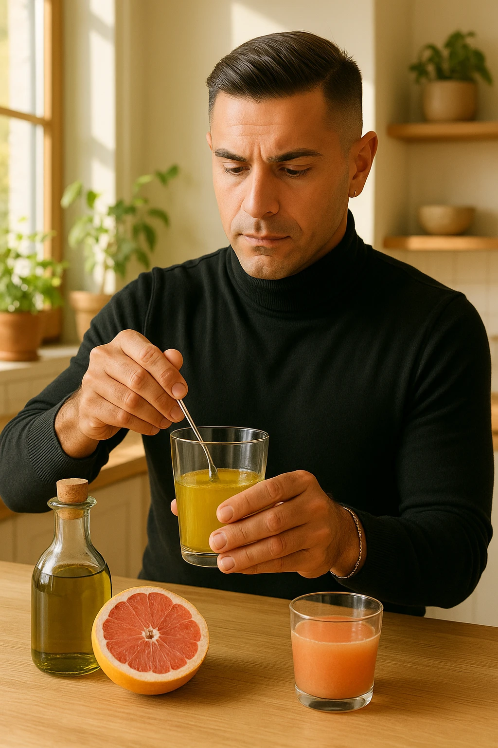 A realistic, warm-toned photo-style image of a man in his kitchen preparing a liver and gallbladder flush. On the counter, there is a small glass bottle of high-quality extra virgin olive oil with a rich green hue, and a freshly cut pink grapefruit with a small glass of its juice next to it. The man, in his mid-30s, looks focused and slightly apprehensive as he mixes the olive oil and grapefruit juice in a clear glass, preparing to drink it as part of a natural gallbladder cleanse. The background is clean, bright, and minimalist with wooden countertops, green plants, and sunlight coming through the window, giving a sense of natural health practices. The mood conveys a realistic moment of alternative health care, illustrating the preparation and intention for a natural flush to address gallstones, while maintaining a calm, educational, and hopeful tone in italiano emoji