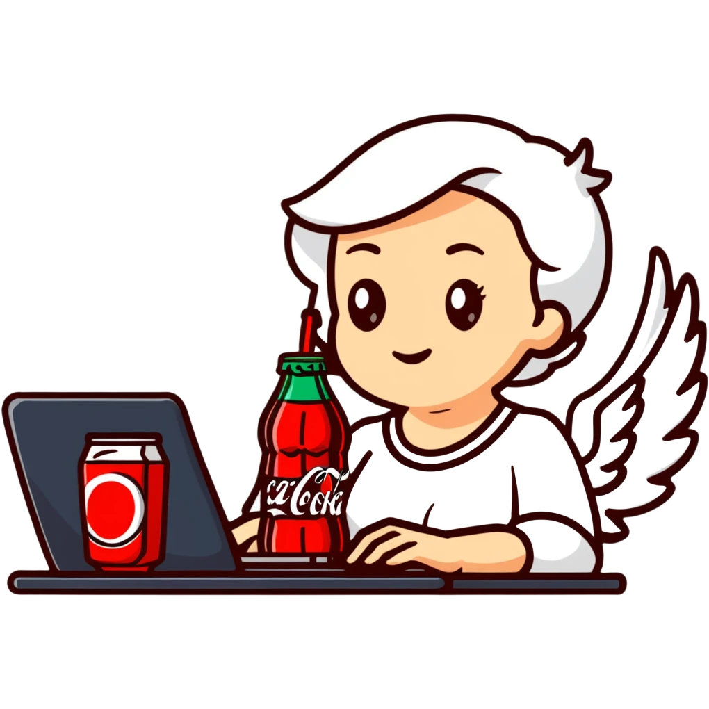 Female angel, working at a computer with a Coke  emoji