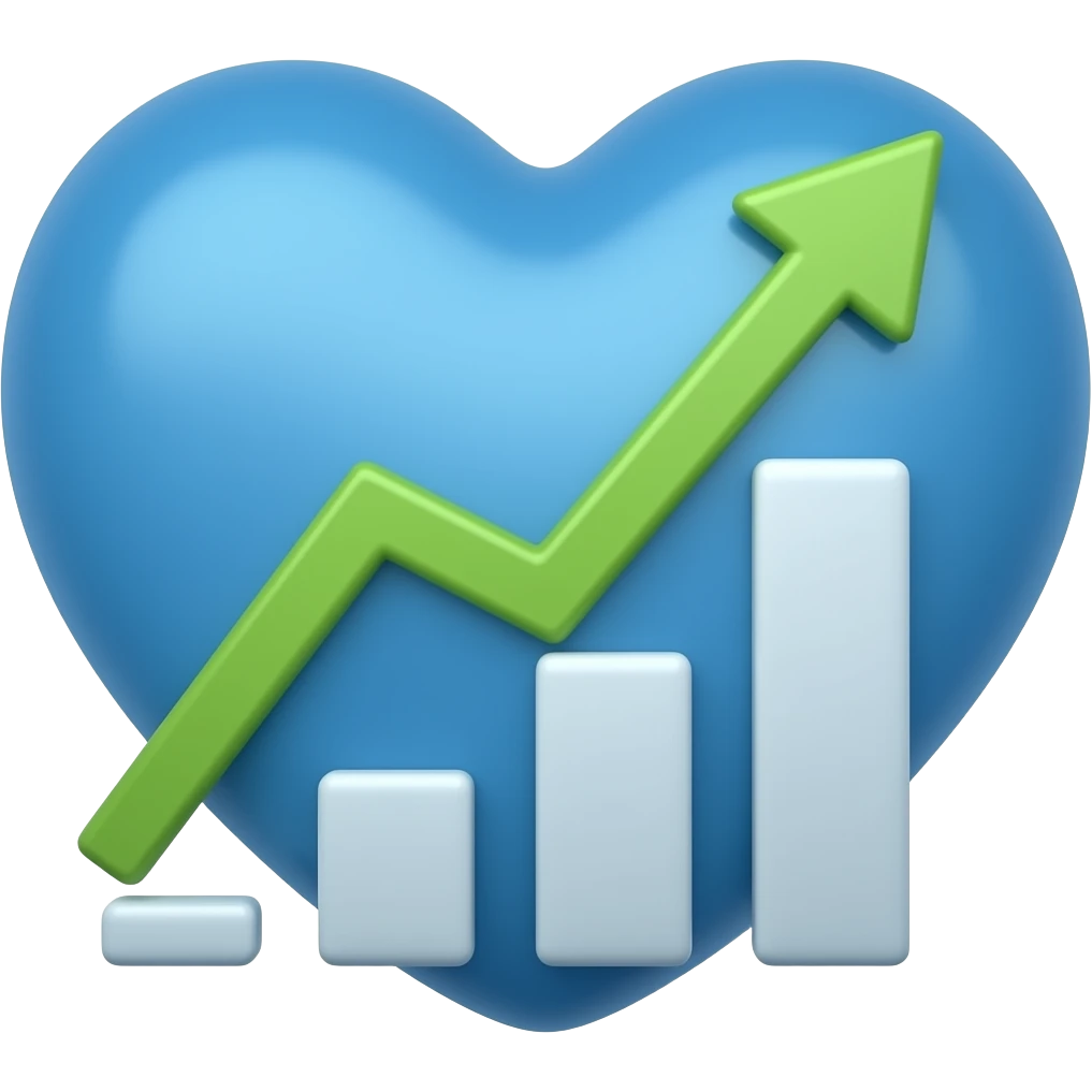 On the left: a whole blue heart. On the right: a growing economic chart in the form of an arrow emoji