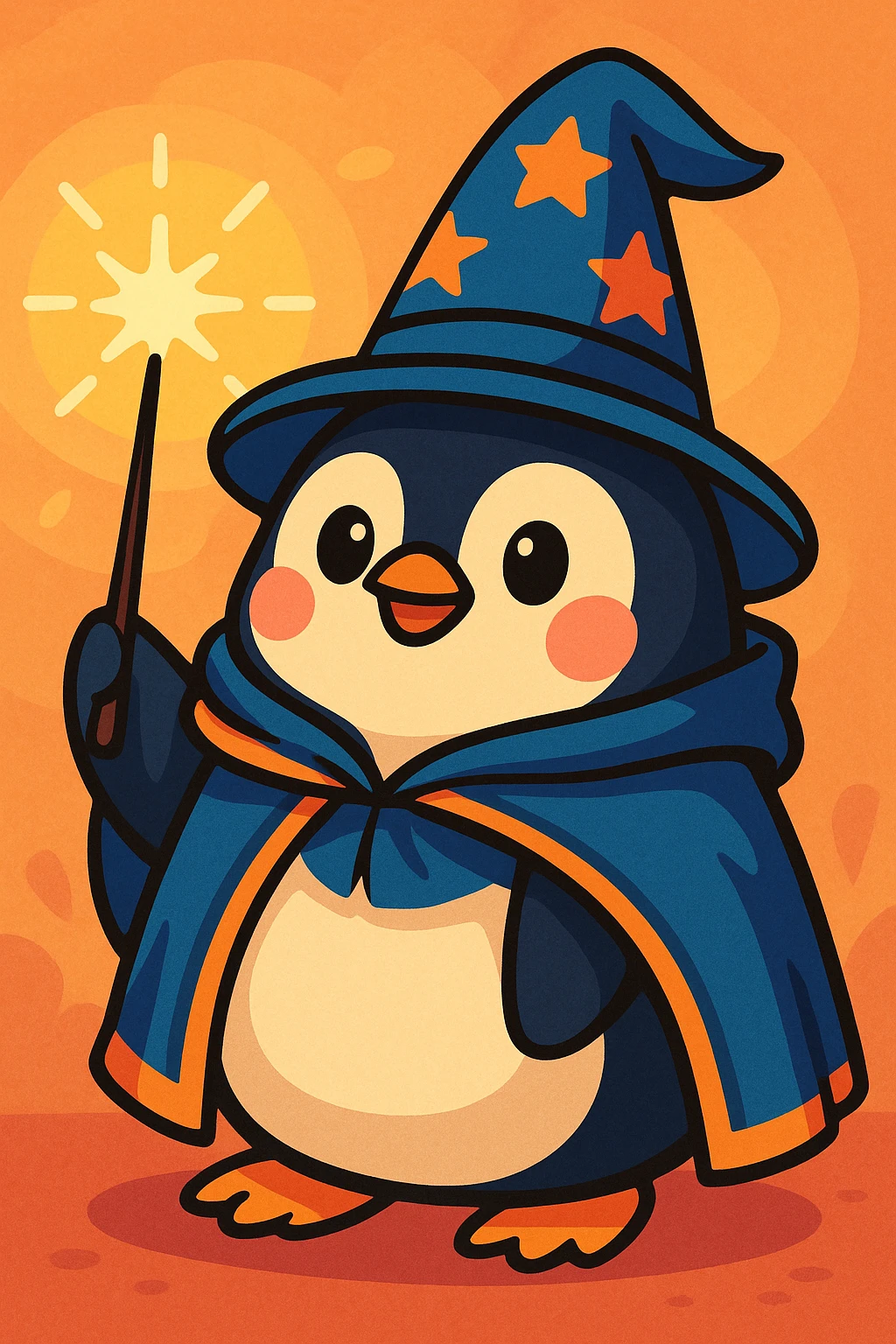 a chubby penguin with a wizard hat and cloak, holding a glowing wand, in a soft, rounded style, colorful cartoon emoji