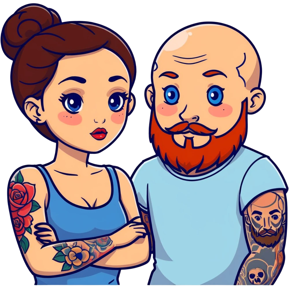Pretty brunette girl with big eyes and big lips and a bald man with a red beard and blue eyes and one sleeve of tattoos on the man emoji