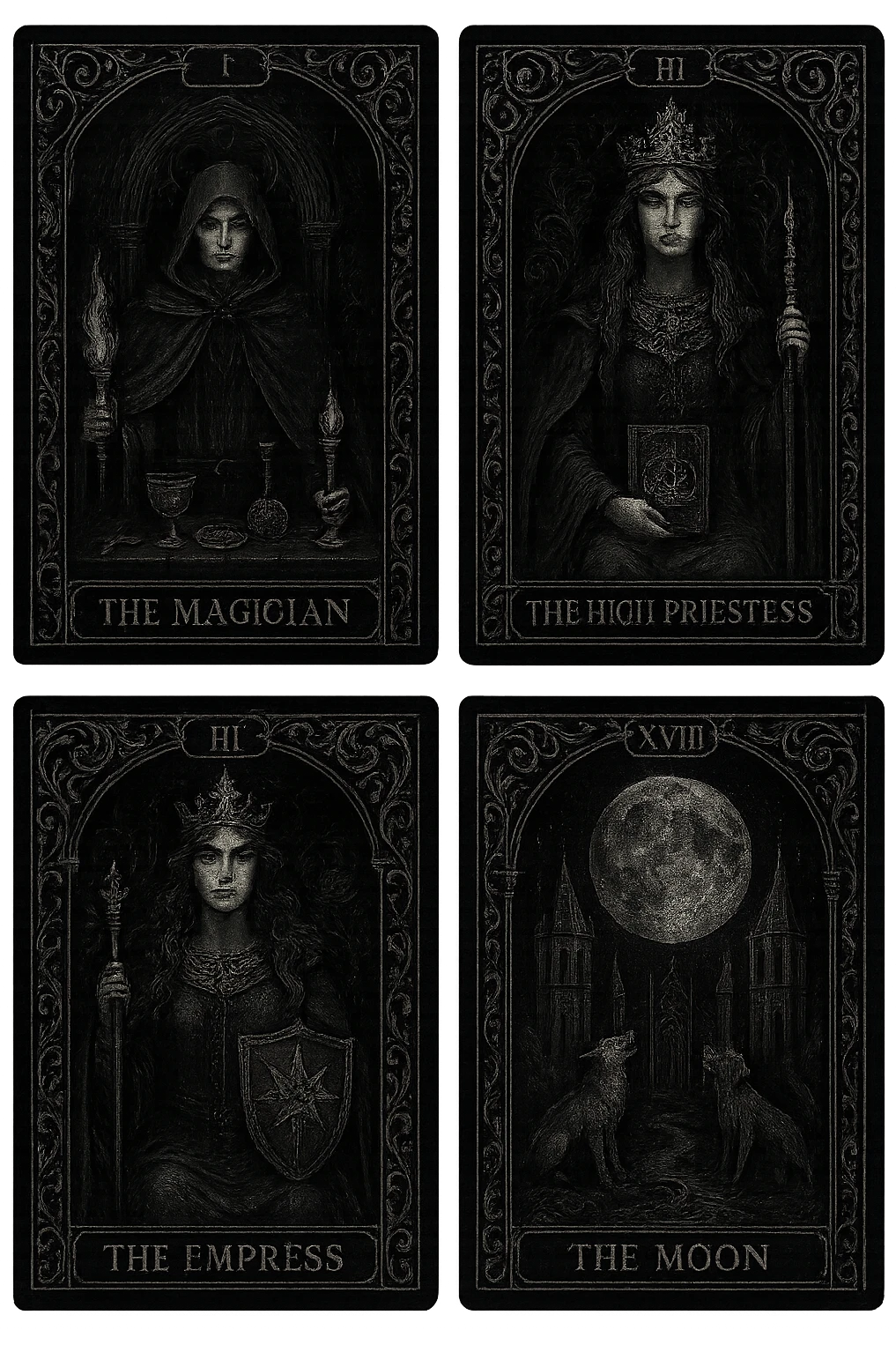 gothic tarot deck, black and silver, mysterious and detailed emoji
