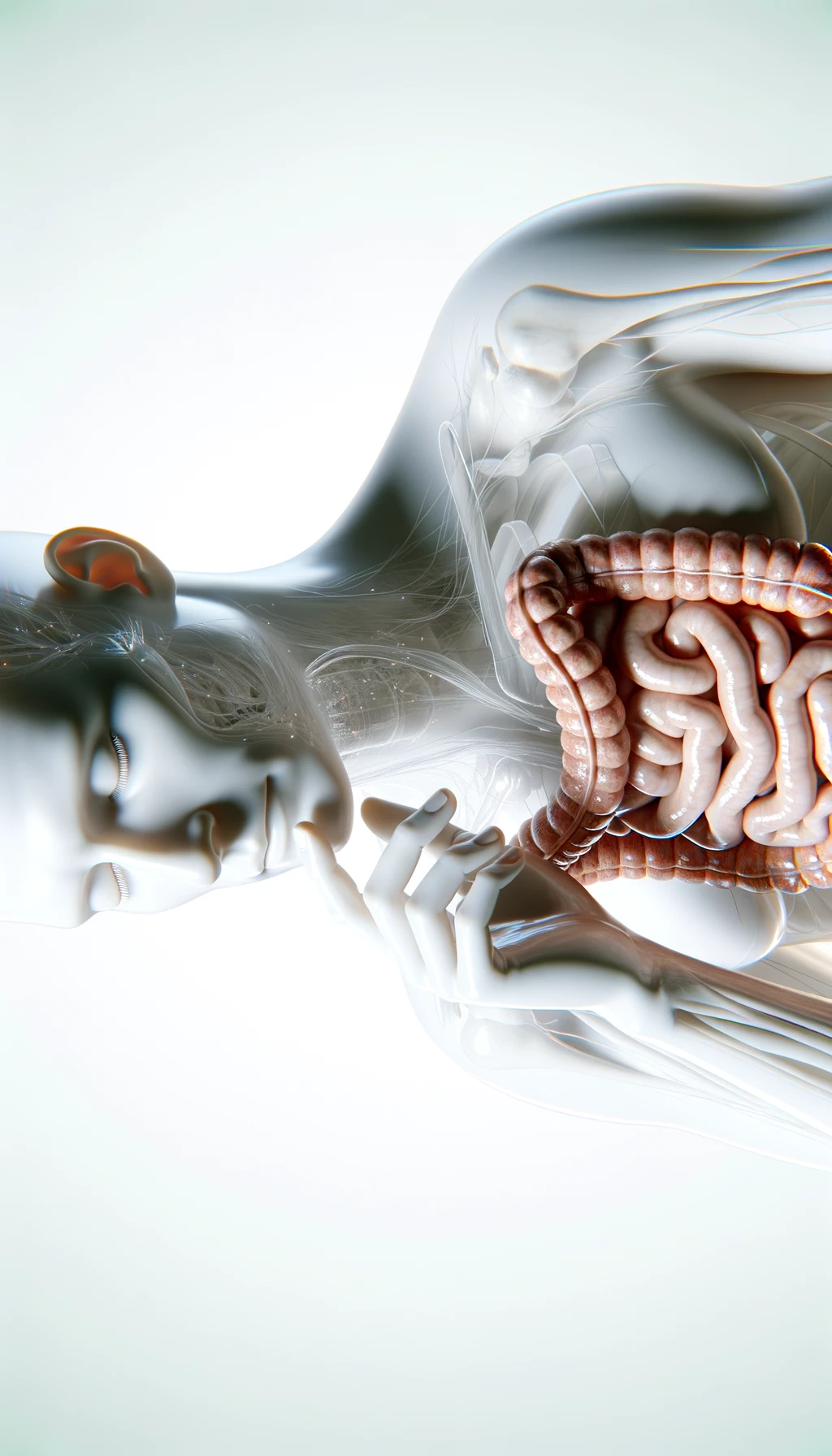 corpo umano anatomico che si tocca l'intestino con gli occhi chiusi, sfondo chiaro, iperrealistica 4k emoji