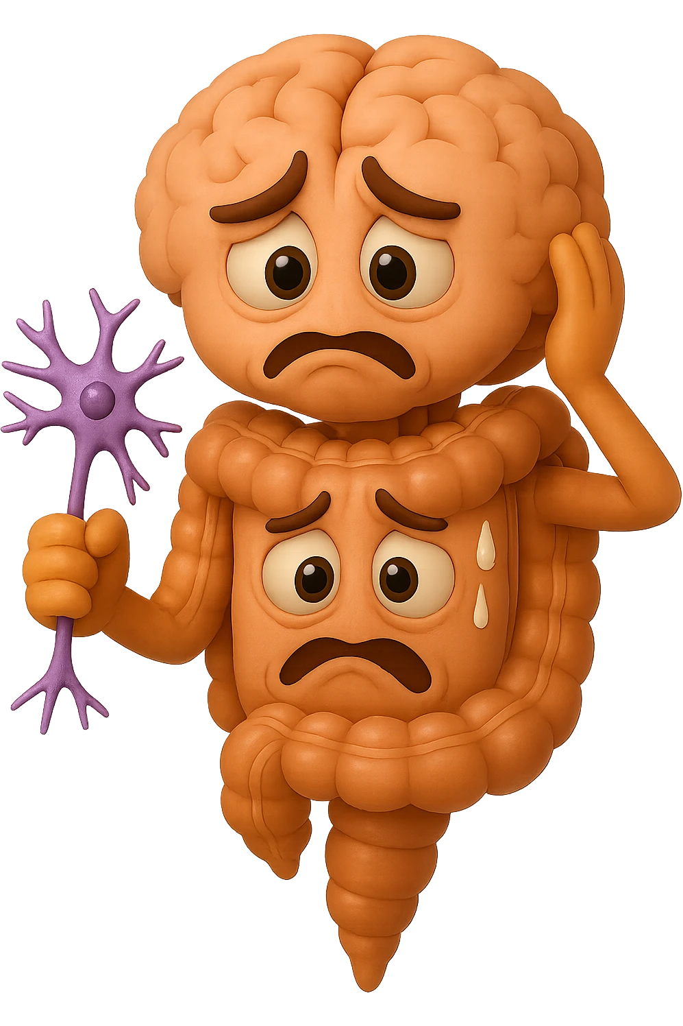 EMOJI STILE IPHONE DI UN INTESTINO collegato verticalmente ad un cervello mentre tiene in mano un neurone, espressione stressata, IPERREALISTICO 4K emoji