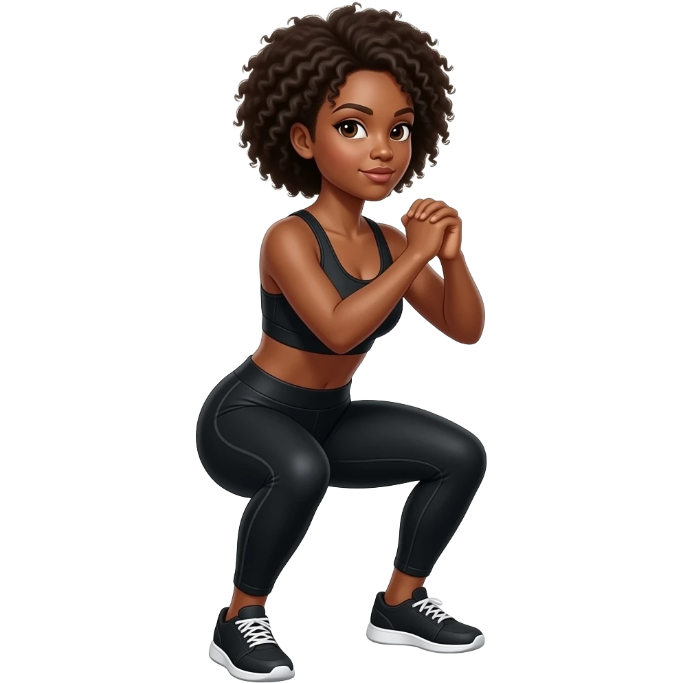 Light-brown Black woman, afro hair, wearing black sports bra and leggings, performing SQUATS, full body, toned glutes and legs, strong posture, realistic fitness style, clean background, soft lighting. emoji