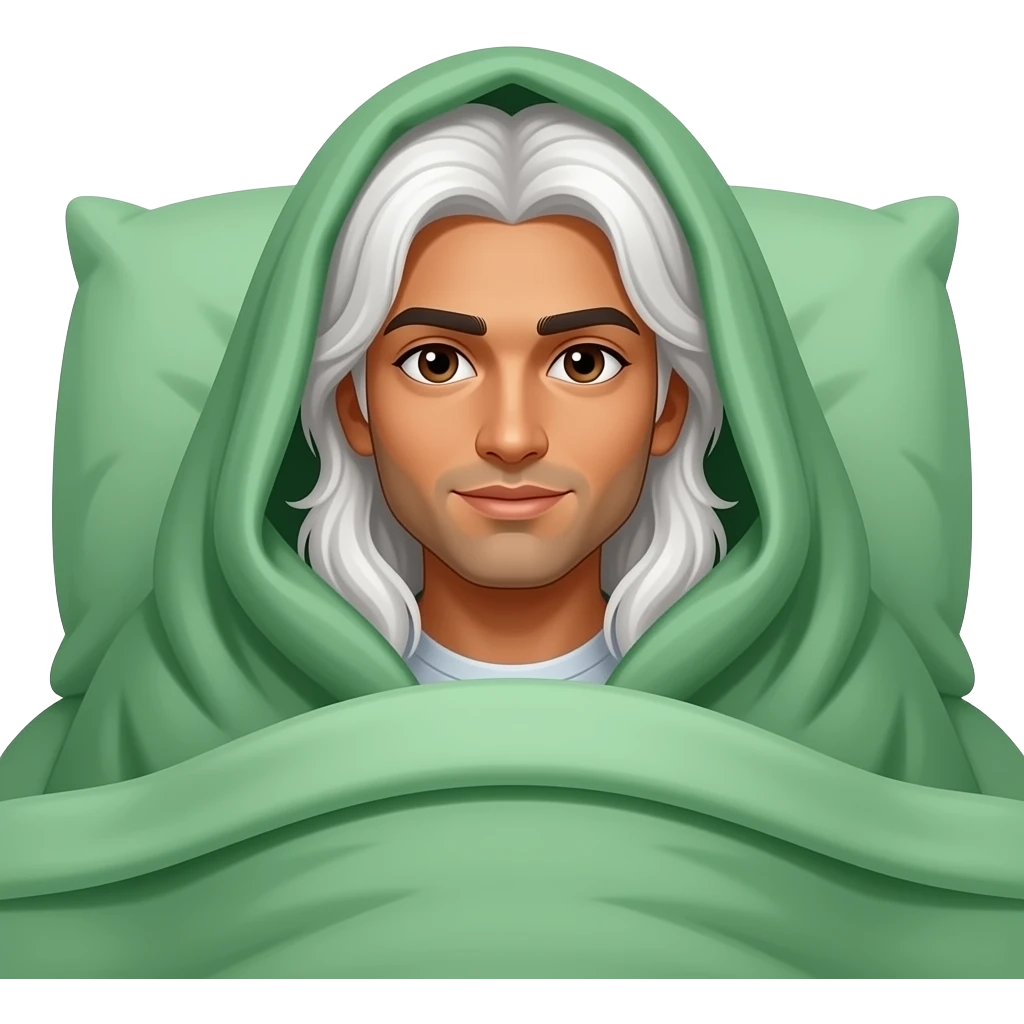 Pakistani, brown eyes, Snuggled beneath blankets around head, Medium dark, olive, Really long white hair past the shoulders, tanned, clean-shaven young man with long white hair covered in like green duvet in bed emoji