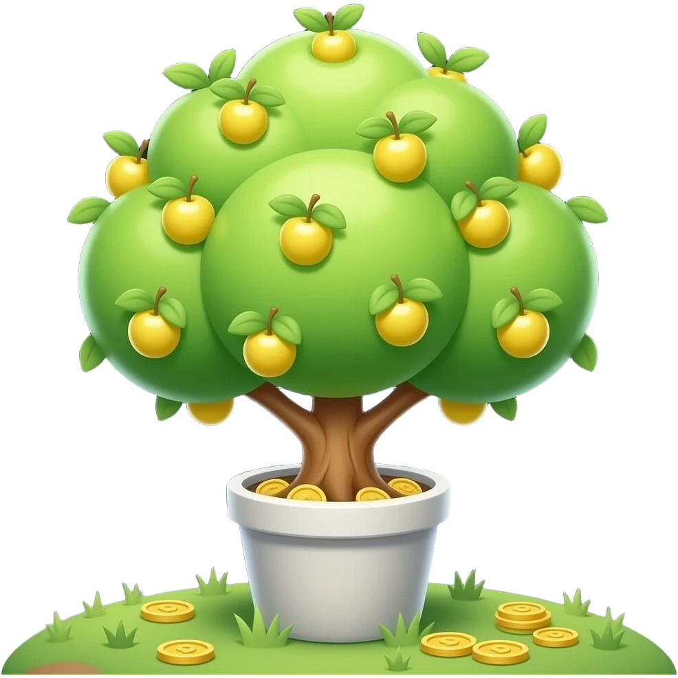 Apple-style money tree, round soft green canopy. No pot, no ground — only the tree. Small gold coins as fruits inside the leaves. Flat 2D vector, clean shapes, no gradients. Dark near-black background, premium fintech icon. emoji