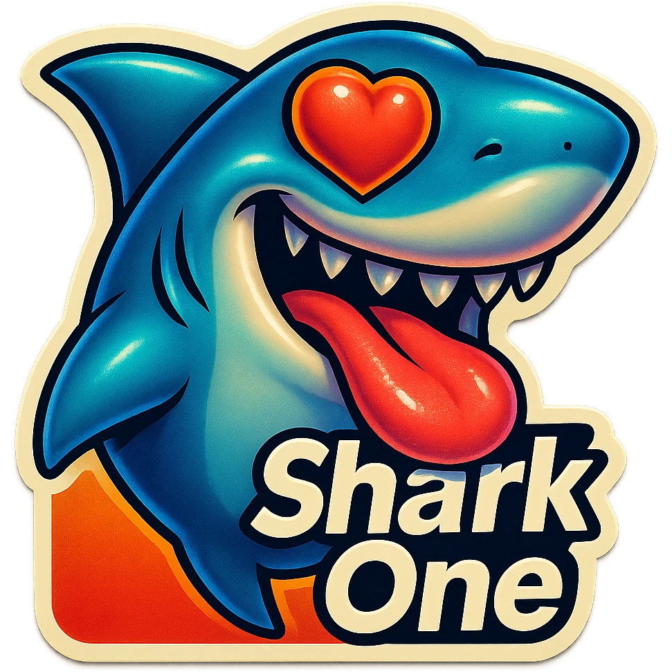tongue out heart shaped eye add the words “ Shark One " in White emoji