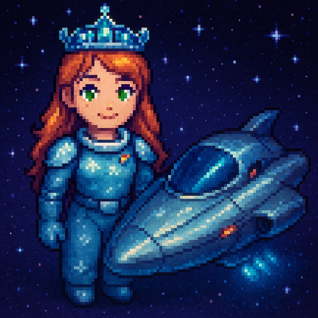 A space princess with a spaceship, pixel art style emoji