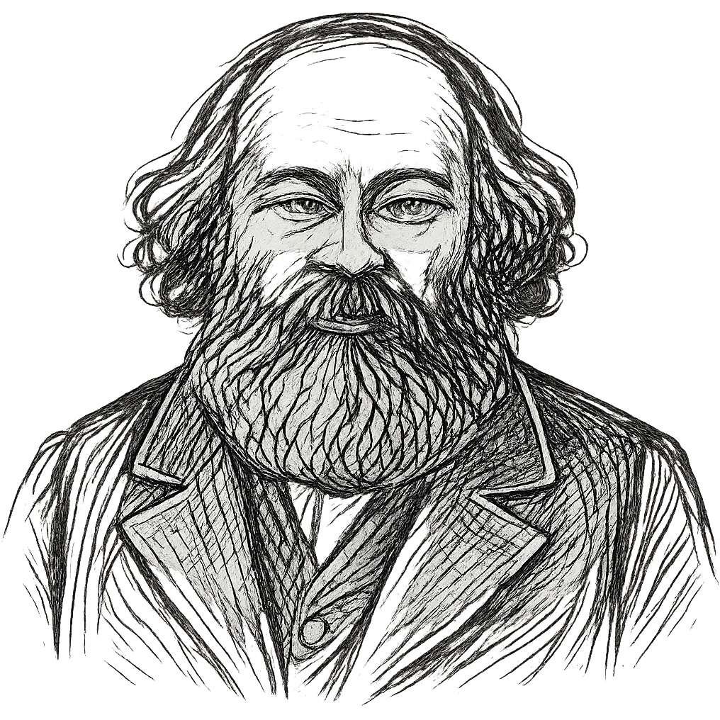 Enhance the hand-drawn portrait of Mikhail Bakounine by adding more expressive strokes and fine lines, maintaining the black outline style with no fill, on a transparent background. Focus on increasing detail while preserving the original hand-drawn aesthetic. emoji