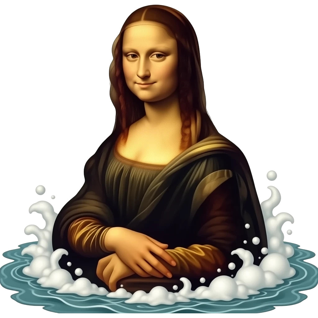 a realistic - a slender, elegant Venus with good muscles, according to a painting by Sandro Botticelli, is born from sea foam and holds Da Vinci's Mona Lisa in her hands emoji
